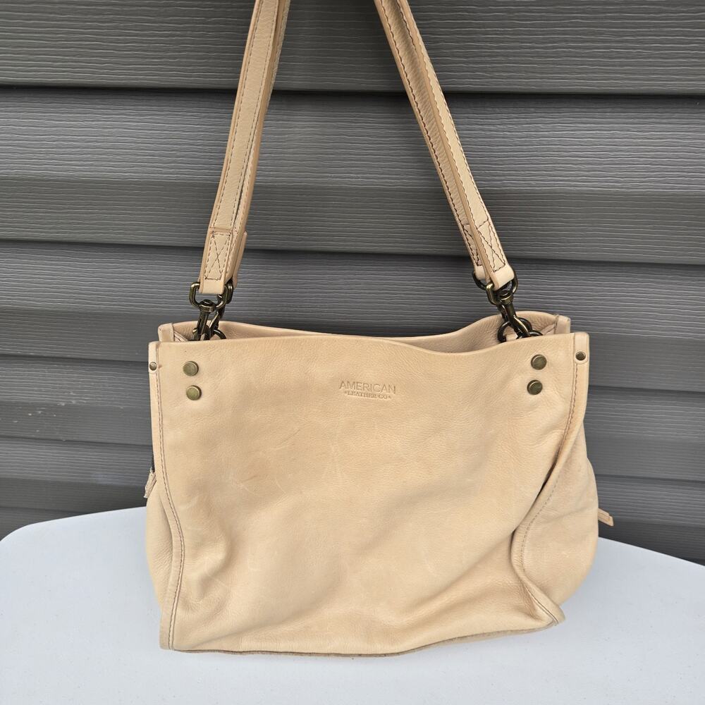 American Leather Co Lenox Triple Entry Satchel Handbag Shoulder Bag Purse Beige